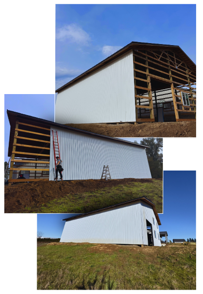 Image shows near completion on a pole barn building construction project being completed by DCI. The siding and roof are a grey metal and the three images are laid over one another