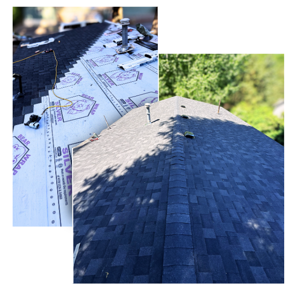 image shoes a during and after shot of a roof completed by DCO Construction
