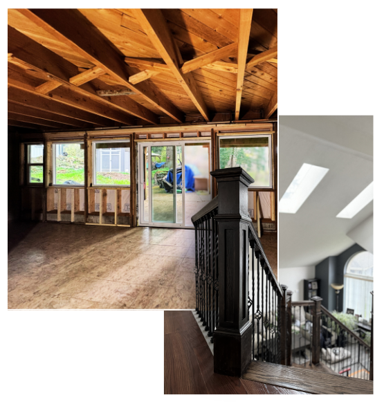 image shows oak newel craftsmen posts and oak staircase overlaid on a new wall addition following home remodeling services completion on a home