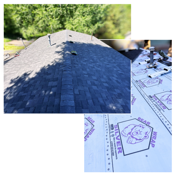 Professional roof replacement in progress on an oregon home with one image overlaid on another