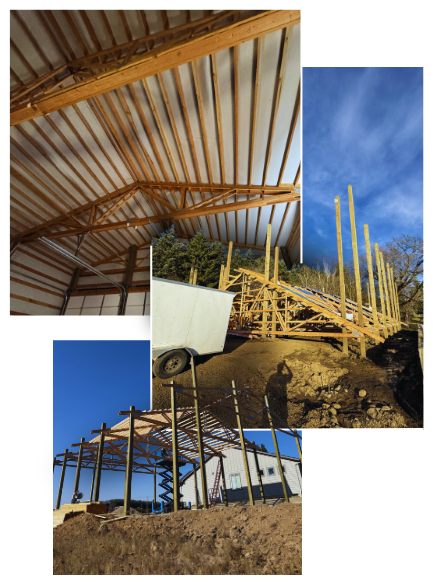 Image shows three stages of pole barn construction completed by DCI